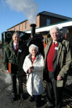 photo of Richard Hope, Sonia Rolt and David Mitchell at the Tywyn launch of the LTC Rolt birthday celebrations